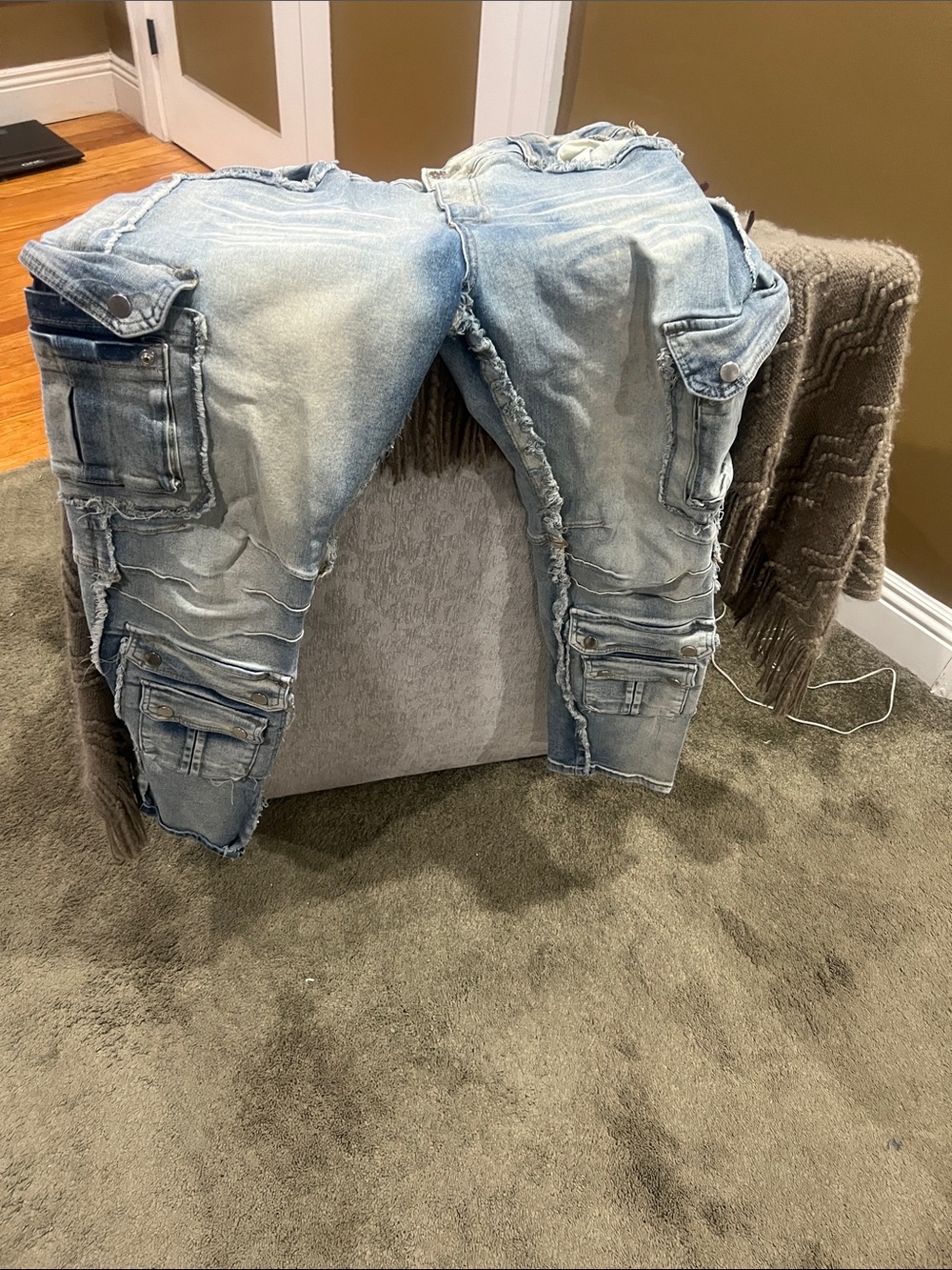 Fashion Nova Light Blue Distressed Slim Straight Cargo Jeans 38x32 or 34